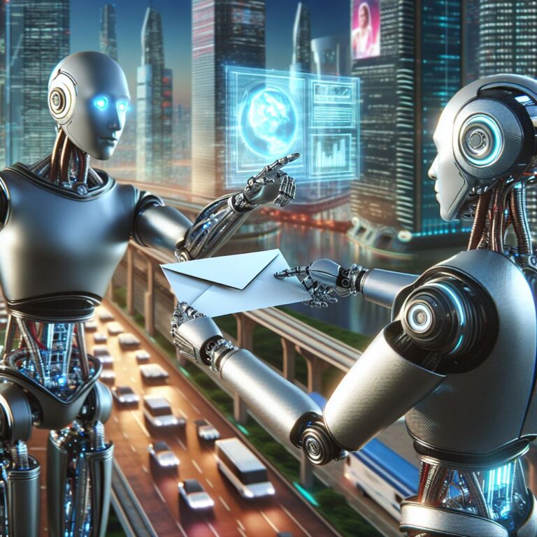 Robot giving a letter to another robot